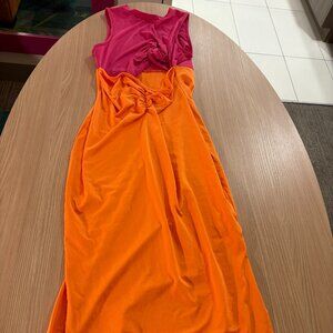 Shein Colorblock Dress Large Pink Orange Front Cutout BodyCon Neon Sleeveless